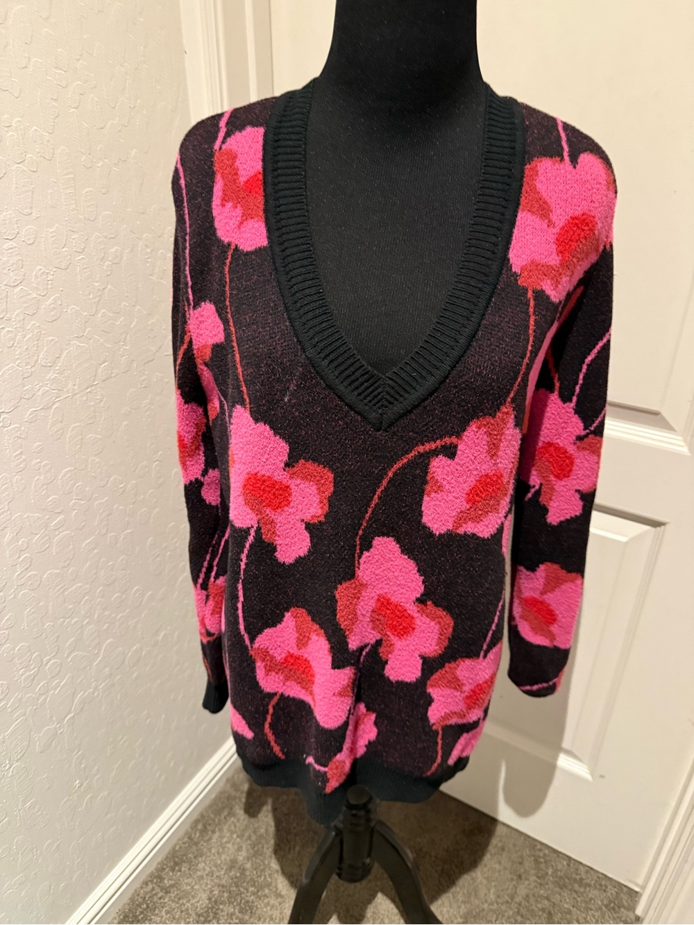 CAbi Black V-Neck Sweater with Pink and Red Floral Motif